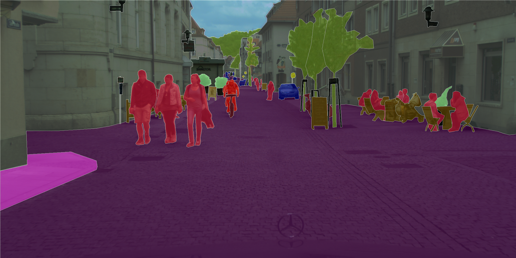 An example of semantic segmentation (per-pixel object classification) in the [Cityscapes Dataset](https://www.cityscapes-dataset.com/).  See [Cordts et al., 2016](https://www.cityscapes-dataset.com/wordpress/wp-content/papercite-data/pdf/cordts2016cityscapes.pdf) for details.   Semantic segmentation using neural networks is an example of a modern approach to perception and you'll get a chance to implement it later on in the program.  